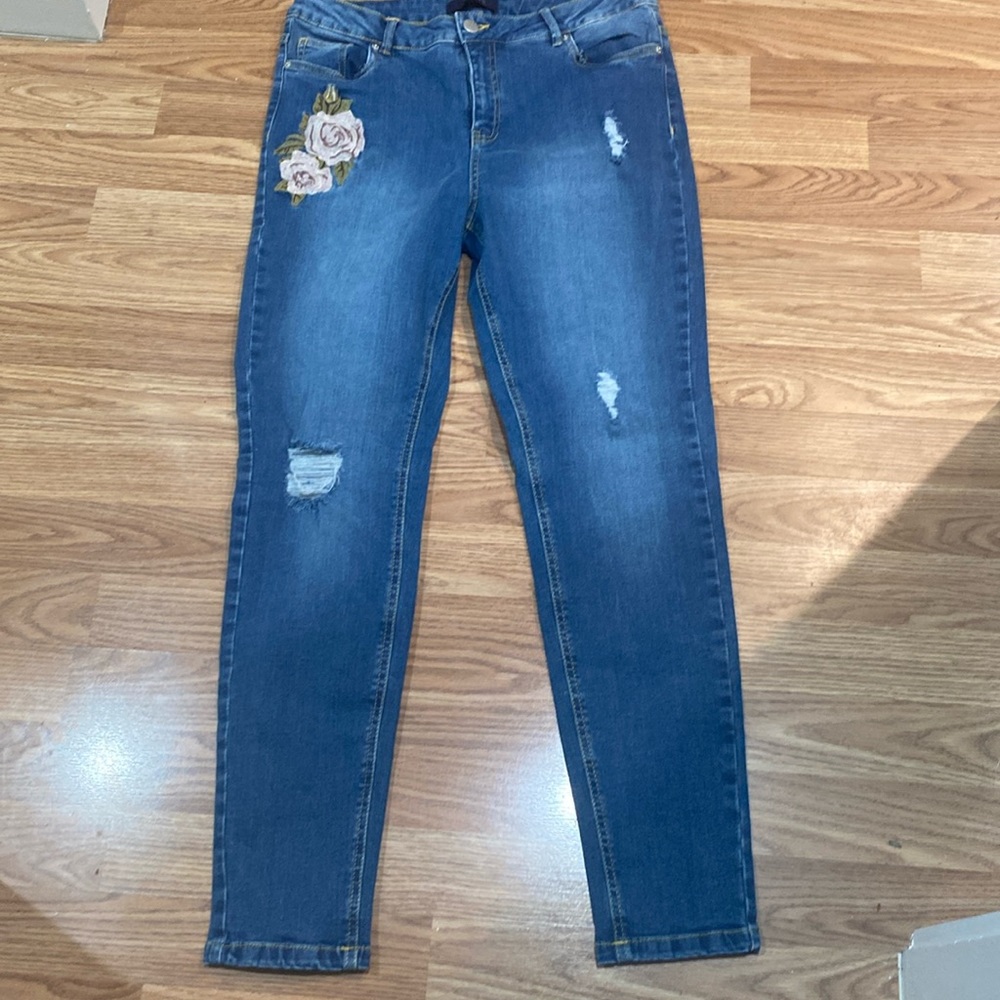 Liquid X blue jeans. Distressed and embroidered. Size 13 (but smaller than tag)